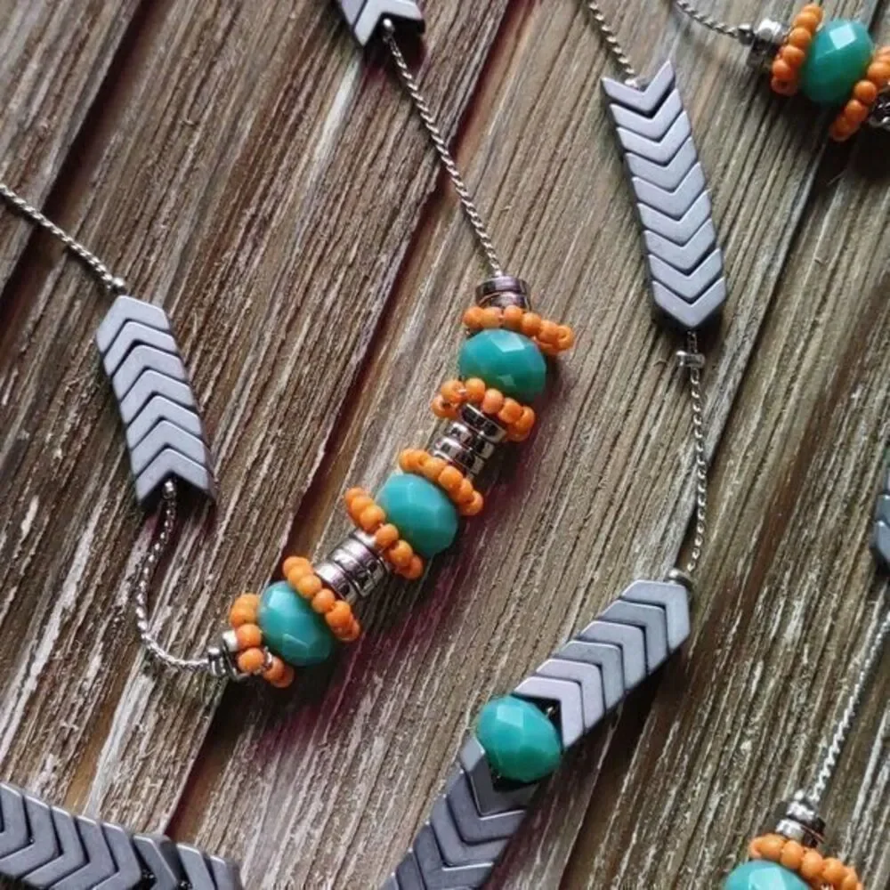 BleuNYC Silver, Torquois and Orange Chevrons and Beads Layered‎ Necklace